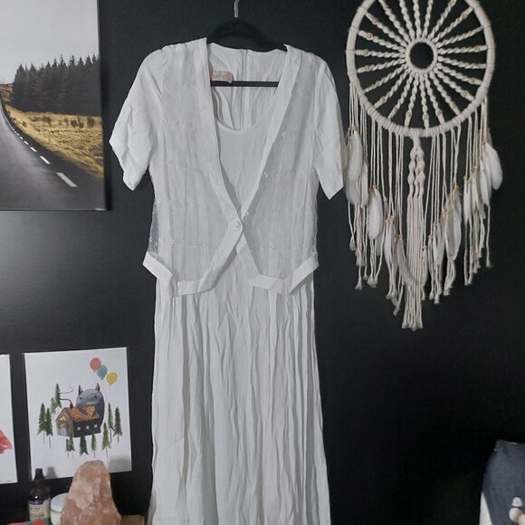 CRISP White Vintage Algo Short Sleeve Maxi Dress Sown in Mesh Embroidere… - Picture 6 of 11